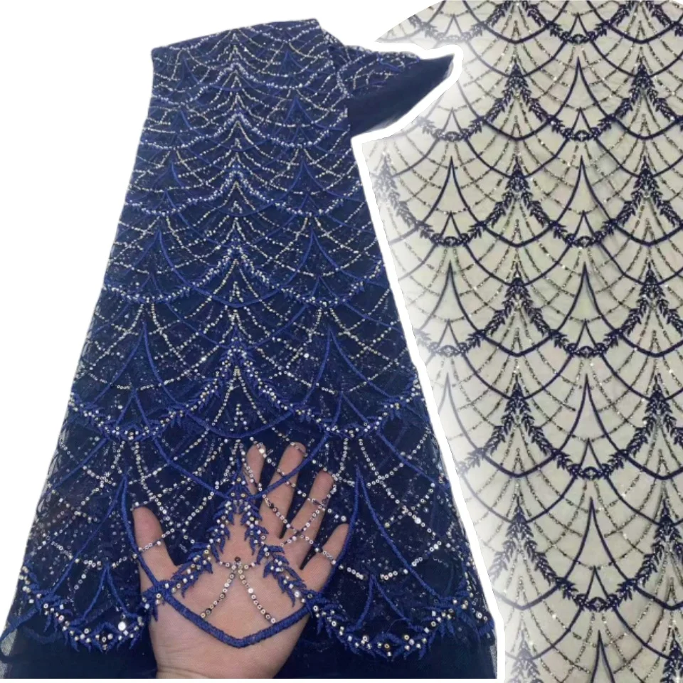 

African Lace Fabric Sequins Beaded Embroidery Groom Nigerian Bridal High Quality French Tulle Lace Fabric For Wedding Party 1091