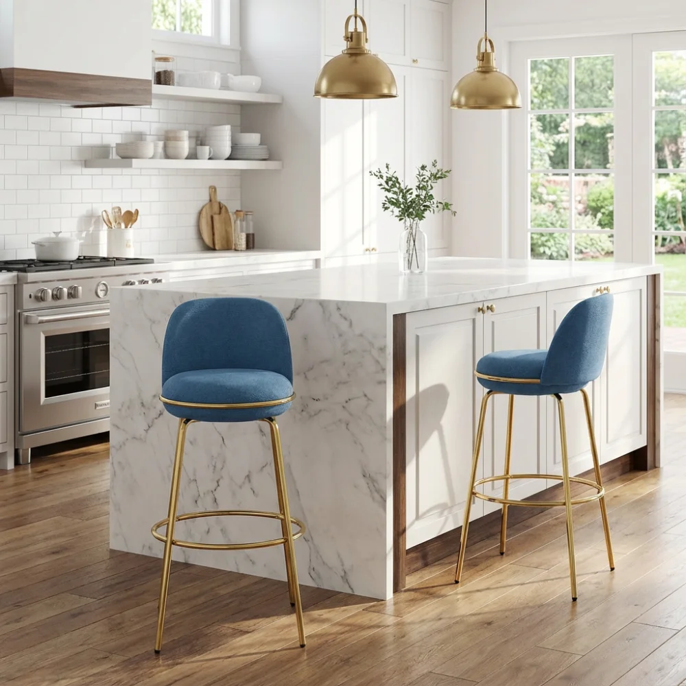 

Rio Claro Indoor Metal Upholstered Barstool, Gold Finished Frame and Blue Upholstery, Set of 2