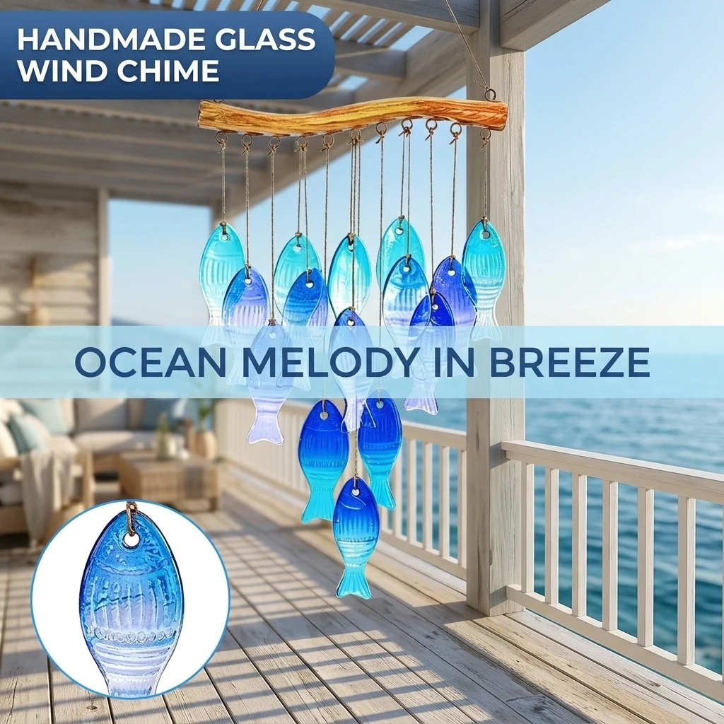 1pc Fish-Shaped Wind Chime Elegant Blue Glass Hanging Decor for Beach House Garden Patio Outdoor Coastal Home Ornament