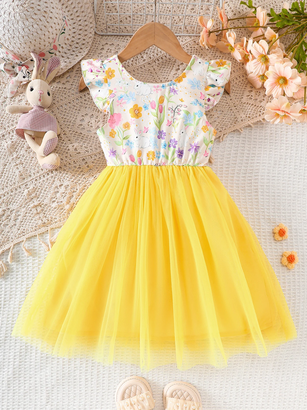 Girls' Spring and Summer Casual Fashion Knit Round Neck Flutter Sleeve Ruffle Back Bow Floral Bunny Print Mesh Dress Holiday Party Beach Gift
