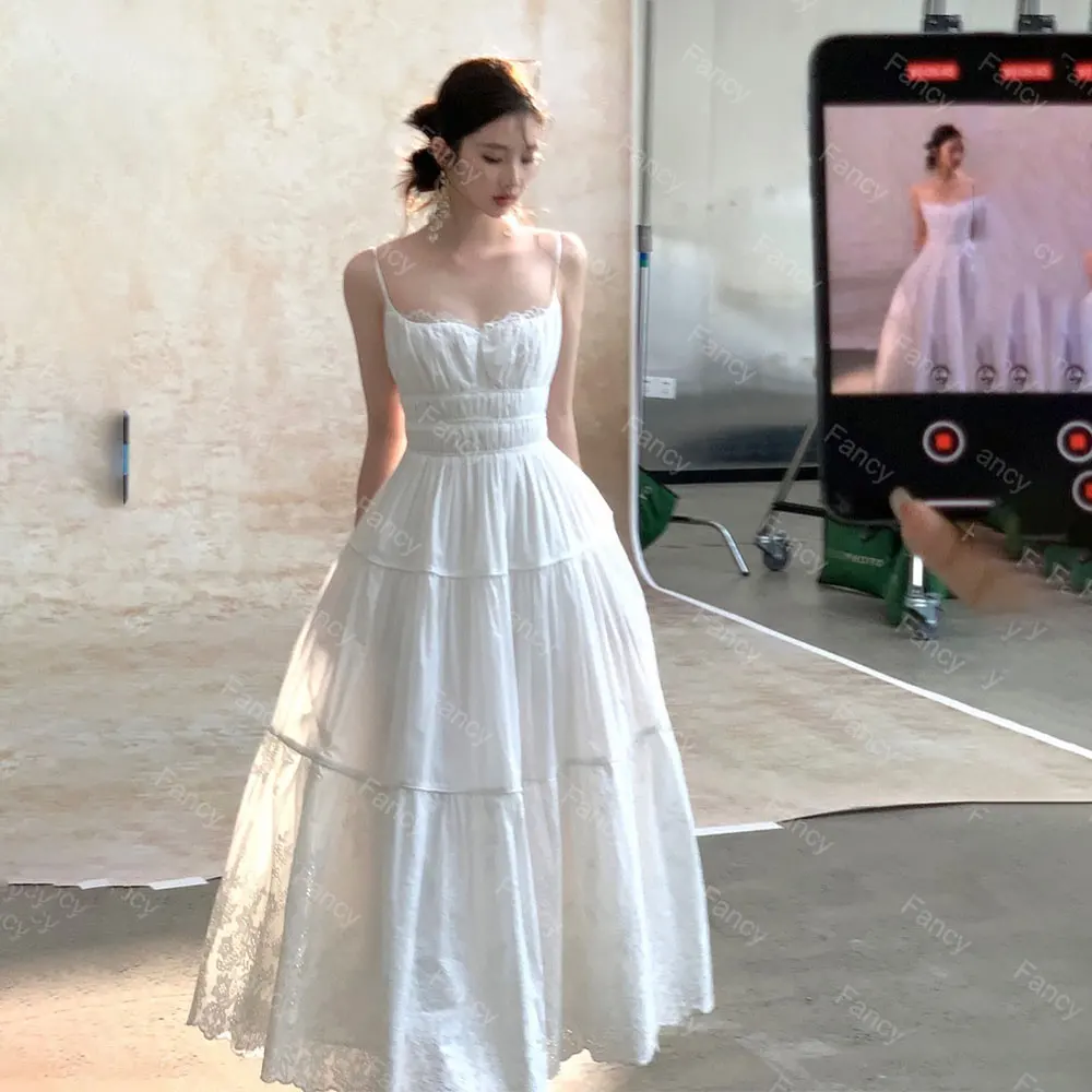 

Fancy Simple Spaghetti Straps Wedding Dress Korea PhotoShoot A Line Sleeveless Bridal Gown Ankle Length Customized