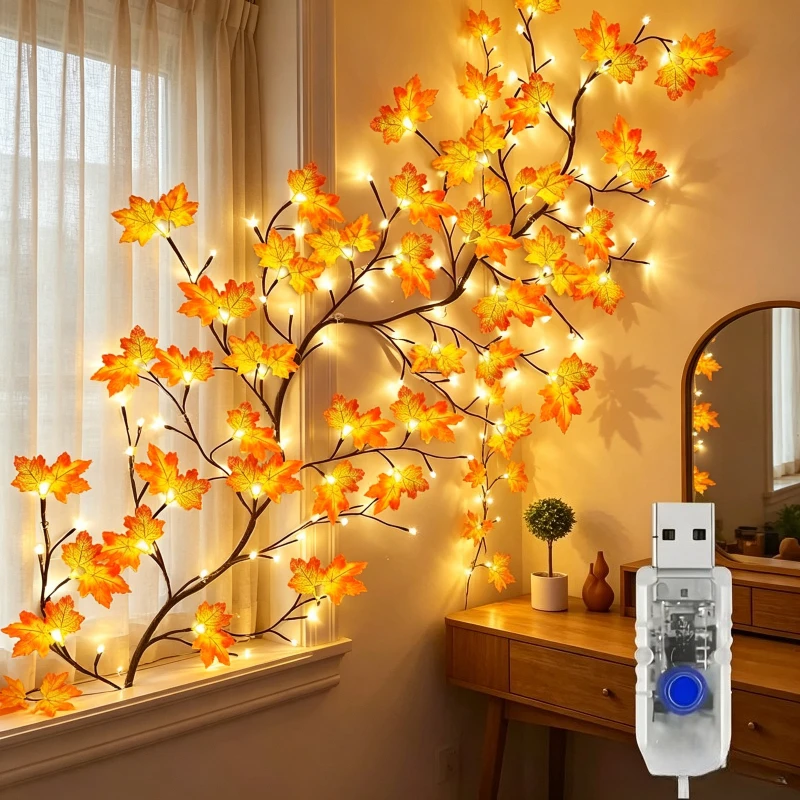 USB Maple Leaf Twig Branch Garland 48 LED Autumn String Lights Flexible Vine with 8 Lighting Modes for Indoor Thanksgiving Decor