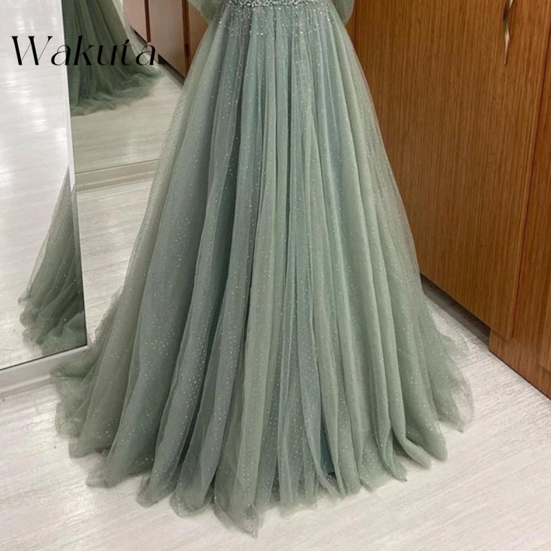 Wakuta Stand Out Wunderschöne Mint Glitter A-Linie Prom Vestidos Funkelnde Spaghettiträger Kristallkleider für Frauen Luxus Designer