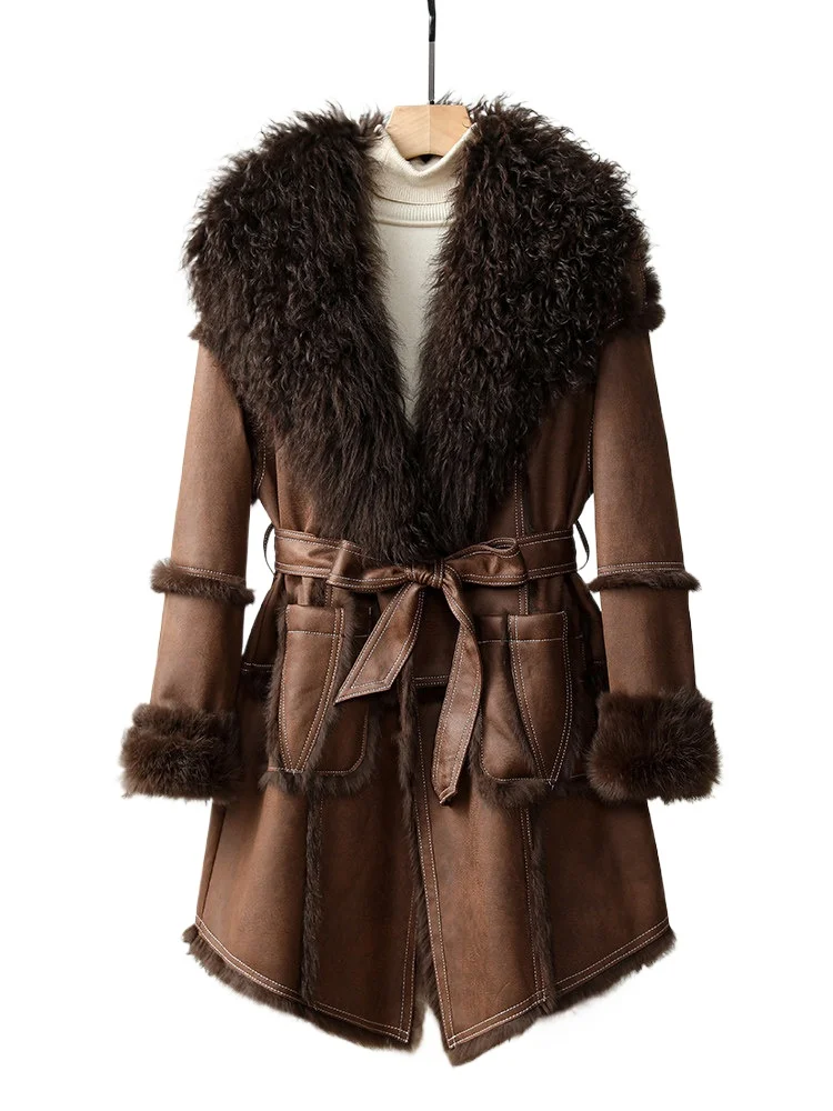 

Кожаная куртка из натуральной овчины с мехом кролика, модель 2025 года, Haining, приталенный крой, средней и длинной длины, с вставками из натуральной кожи.