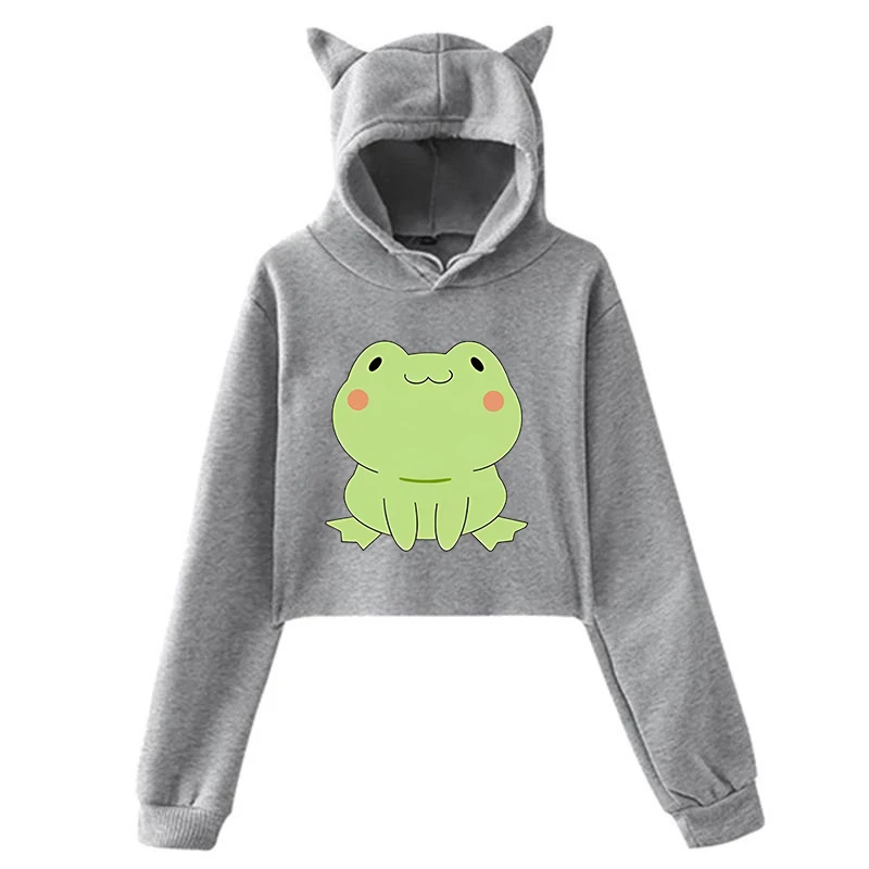 Neuer y2k kurz geschnittener Pullover niedlicher Frosch druck Sweatshirt Frauen Mädchen Katzen ohren Hoodie