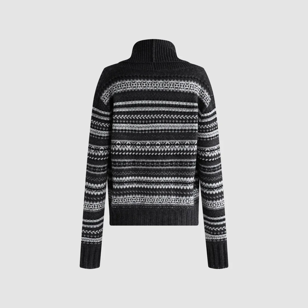High End Women 100% Wool Cardigan Black Taupe Fair Isle Knit Double Breasted Shawl Collar Casual Winter Outerwear
