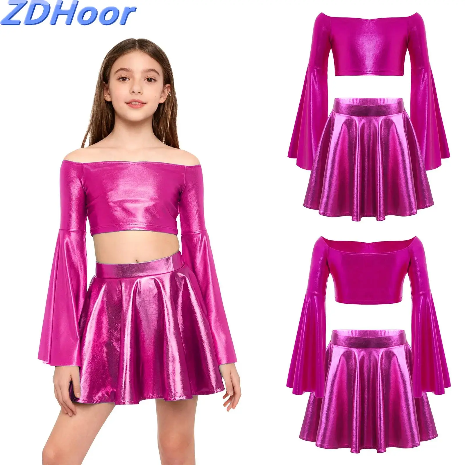 키즈 걸스 메탈릭 러플 재즈 세트 긴 플레어 슬리브 오프 숄더 크롭 탑과 생일 파티 공연을 위한 반짝이는 스커트