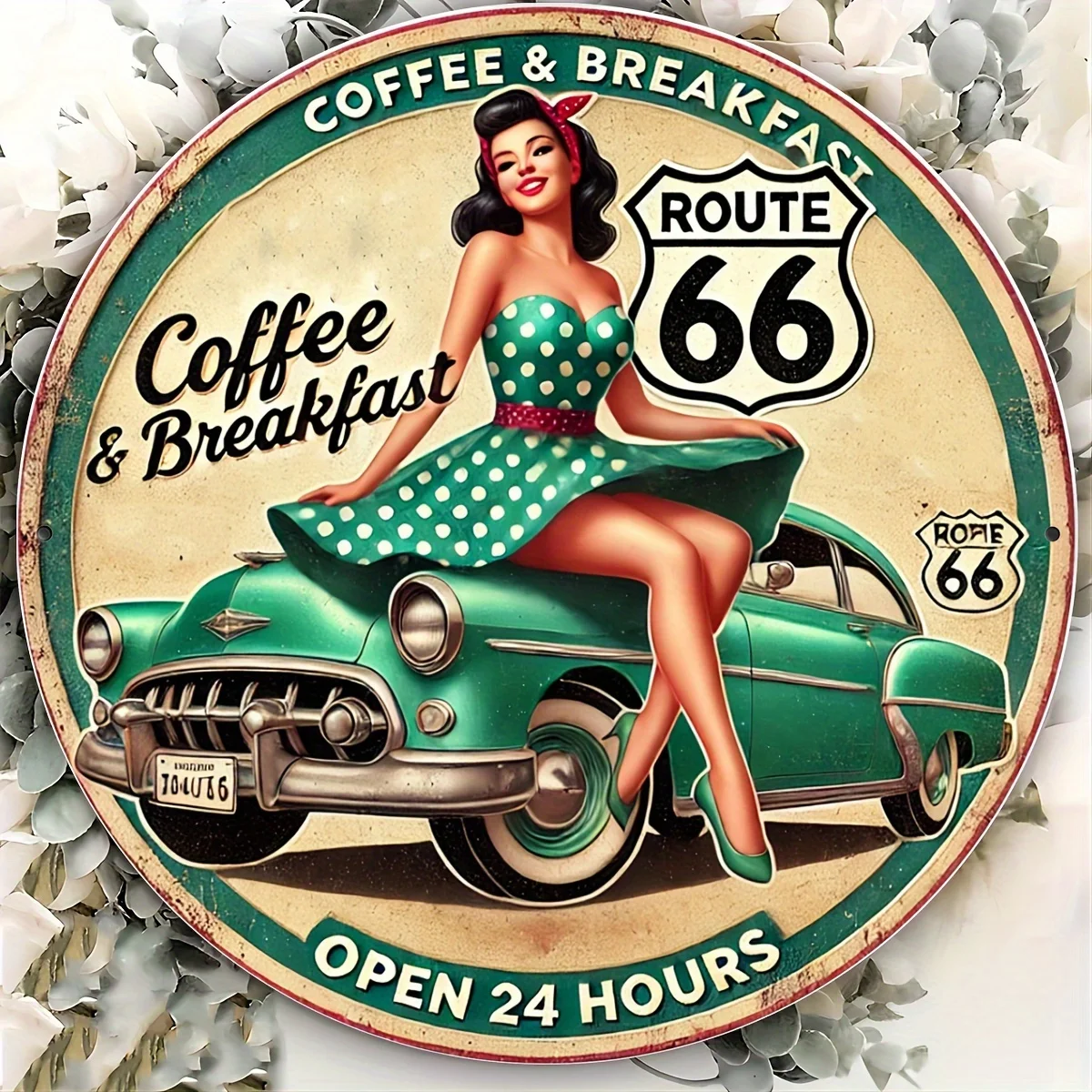 Letrero de Metal para café y desayuno Ruta 66 Vintage de hierro duradero de 8x8 pulgadas, diseño de chica con póster y coche verde azulado, placa abierta de 24 horas, wi