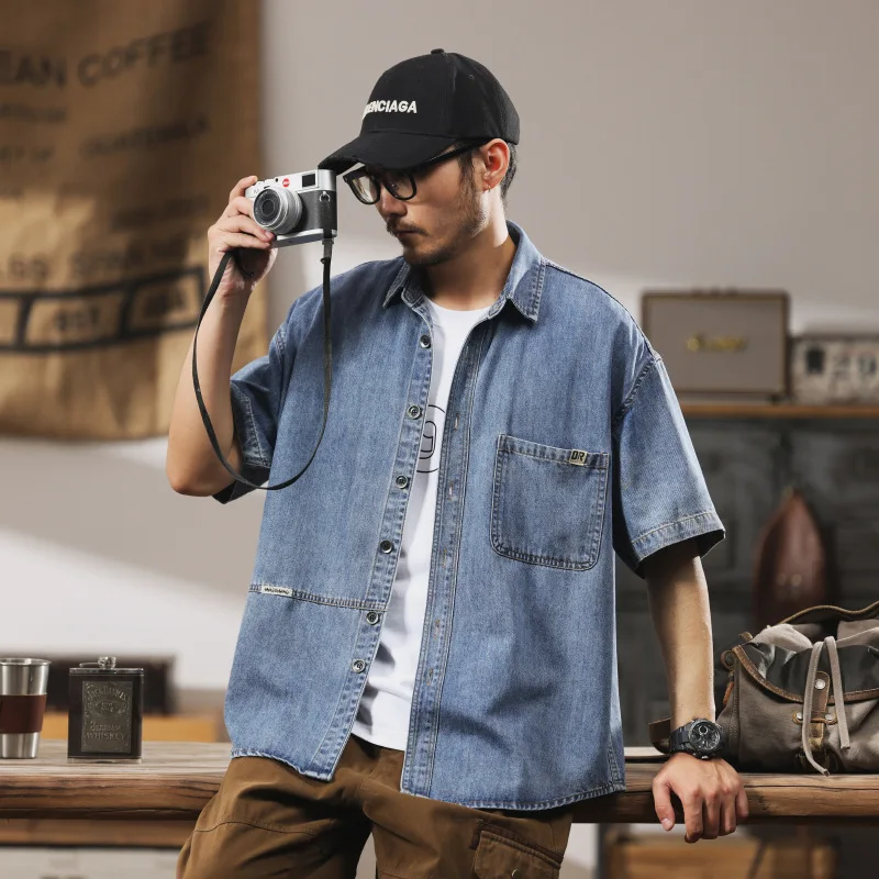 

New Men Washed Denim Shirts Single Breasted T Shirt Short Sleeve Turn Down Collar Blouses Casual Shirt Male Loose Summer Pockets