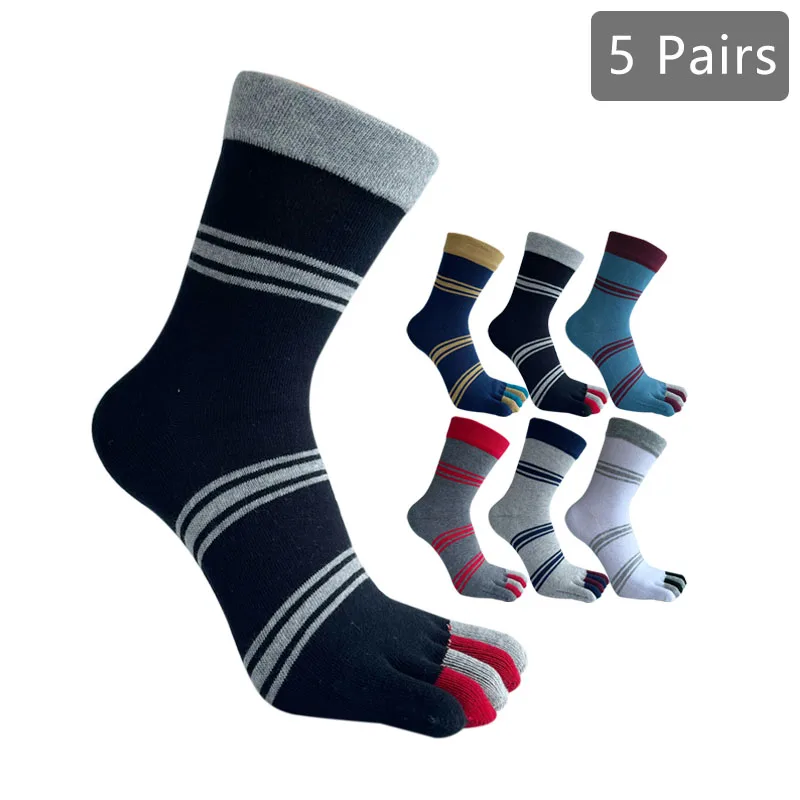 1/5 Pairs Business Toe Socks Short Man Striped Anti-Bacterial Breathable Keep Warm Vintage Party Dress Five Finger Socks Brand