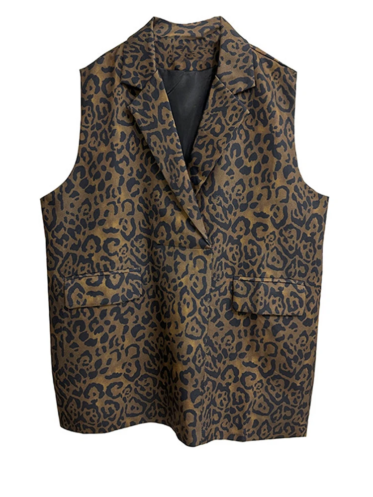 [EAM] Women Leopard Print Big Size Casual Vintage Mini Vest Dress New Lapel Sleeveless Fashion Tide Spring Autumn 2024 1DH5205