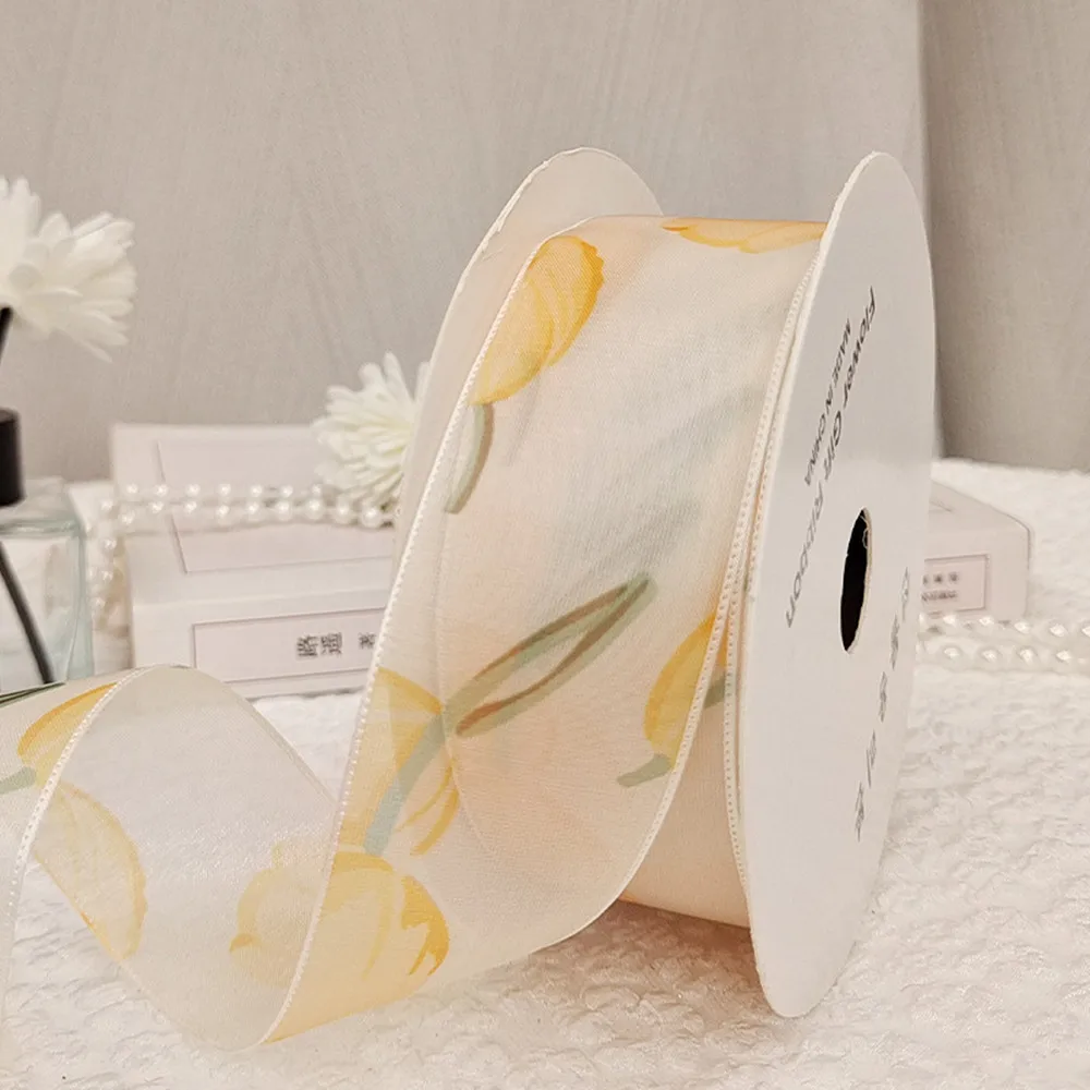 10Yards 4CM Tulip Flower Printed Gauze Organza Ribbon Bouquet Packaging Gift Box Wrap Bow DIY Clothing Straw Hats Decoration