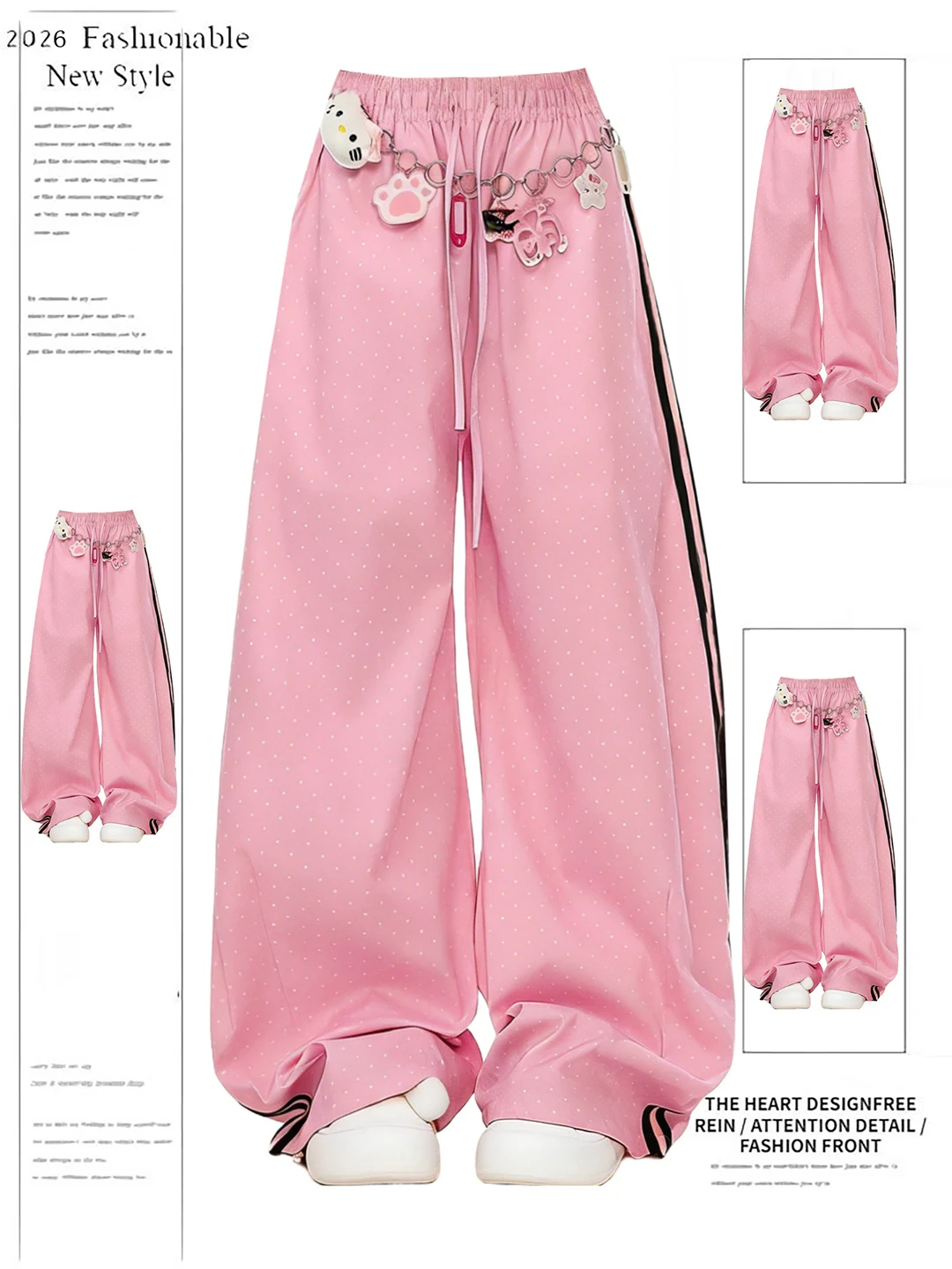 

Pink Polka Dot Casual Pants Women's Loose Straight Leg Trousers Spring Summer New Style Wide Leg Pants Casual Pants