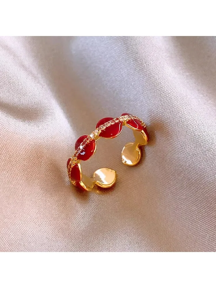 Zircon micro-inlaid red ring, female niche index finger ring, light luxury high-end open ring, little finger tail ring.
