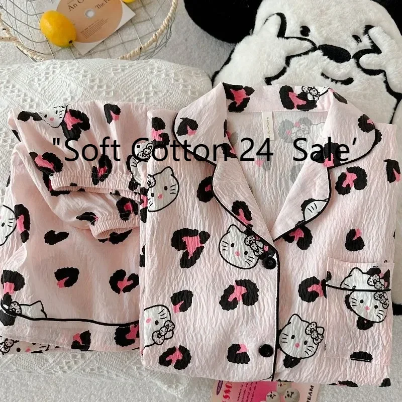 

Hello Kitty's new summer pajamas for women, collar cardigan, short-sleeved shorts, sweet two-piece set, pink cute loungewear
