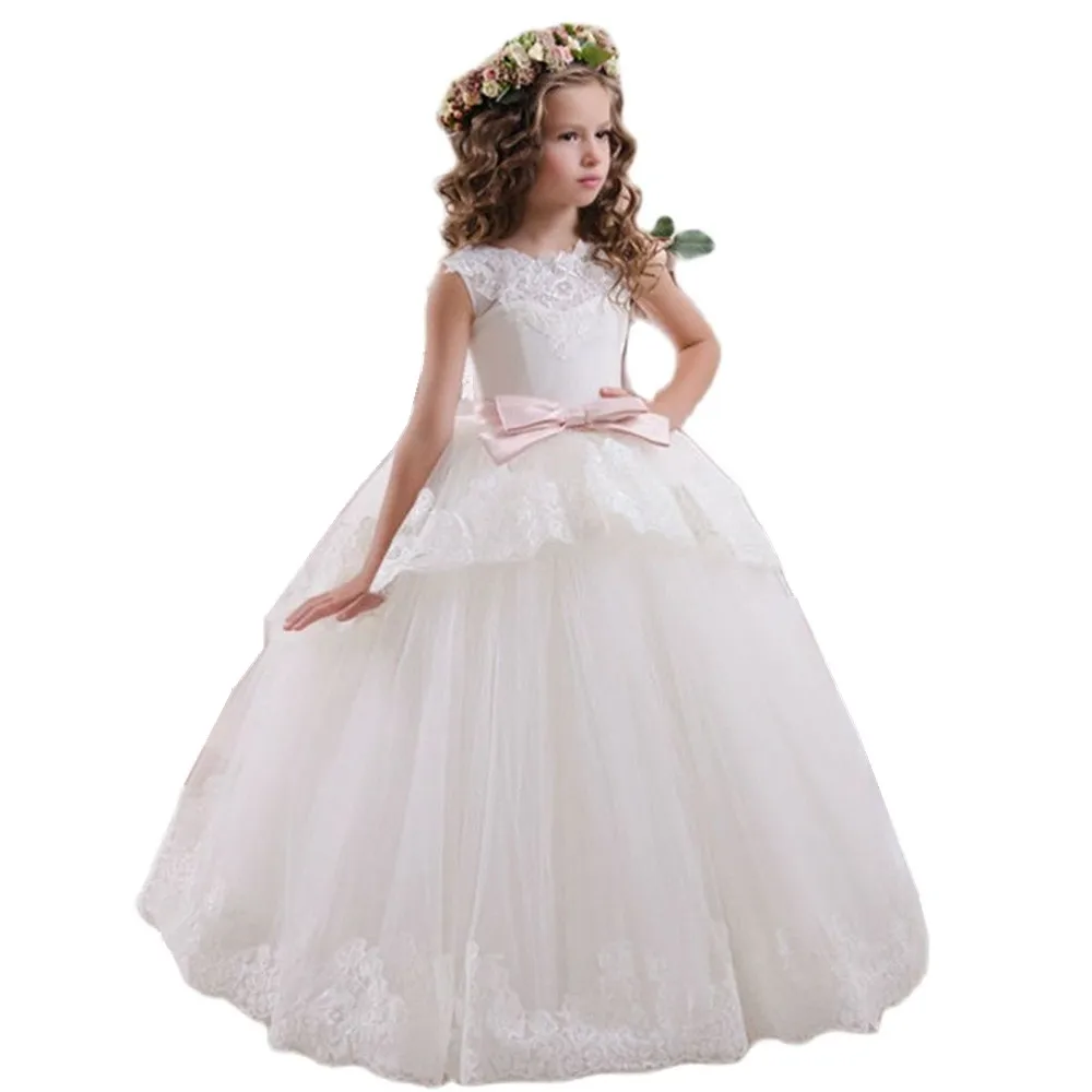 New  Flower Girls Dresses Lace Appliques Cap Sleeve Ball Gowns Beading Floor Length Pageant First Communion Dresses Wedding Gow