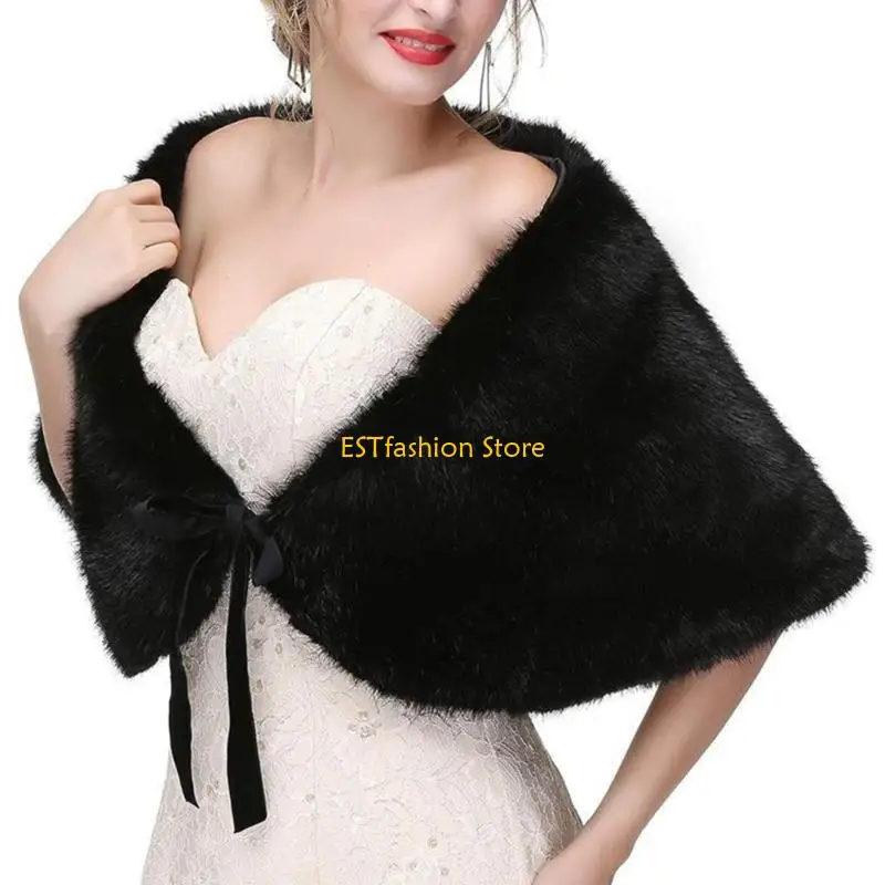 Y5GC المرأة سميكة فو الفراء الشالات الشتاء فراء الزفاف يلتف شالات العروس فساتين زفاف الفراء الرؤوس Boleros لوصيفات العروس #3