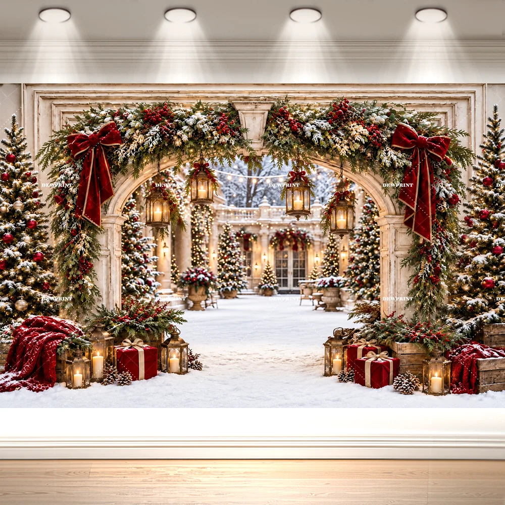 Elegant Christmas Arch Backdrop Snowy Courtyard Red Bow Garland Lanterns Holiday Photography Background for Party Decor