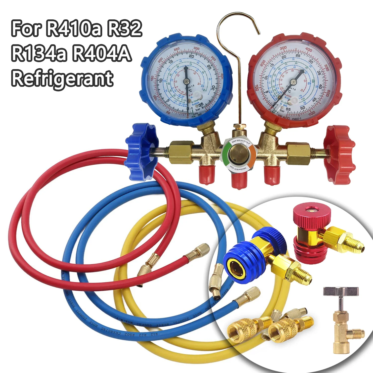 R410A R32 R134a R404A Manifold Gauge Set HVAC A/C Refrigeration Charging Service with Hoses Adjustable Couplers Adapter Can Tap