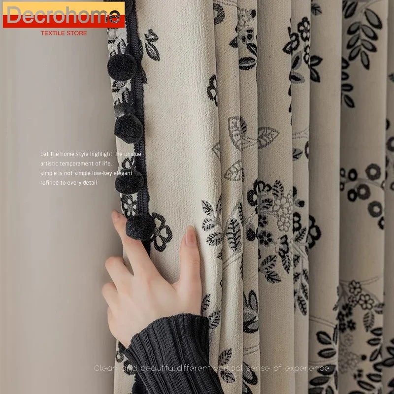 

Customized Black and White Plant Jacquard Chenille Thickened Blackout Curtains for Living Room Bedroom French Window Balcony