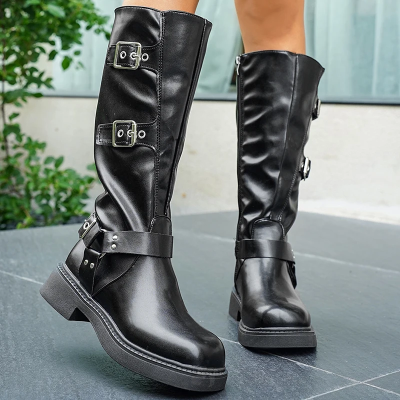 Women's Adjustable Buckle Riding Boots with Side Zipper Fashion Black PU Leather Knee High Boots Women Autumn Winter Long Botas
