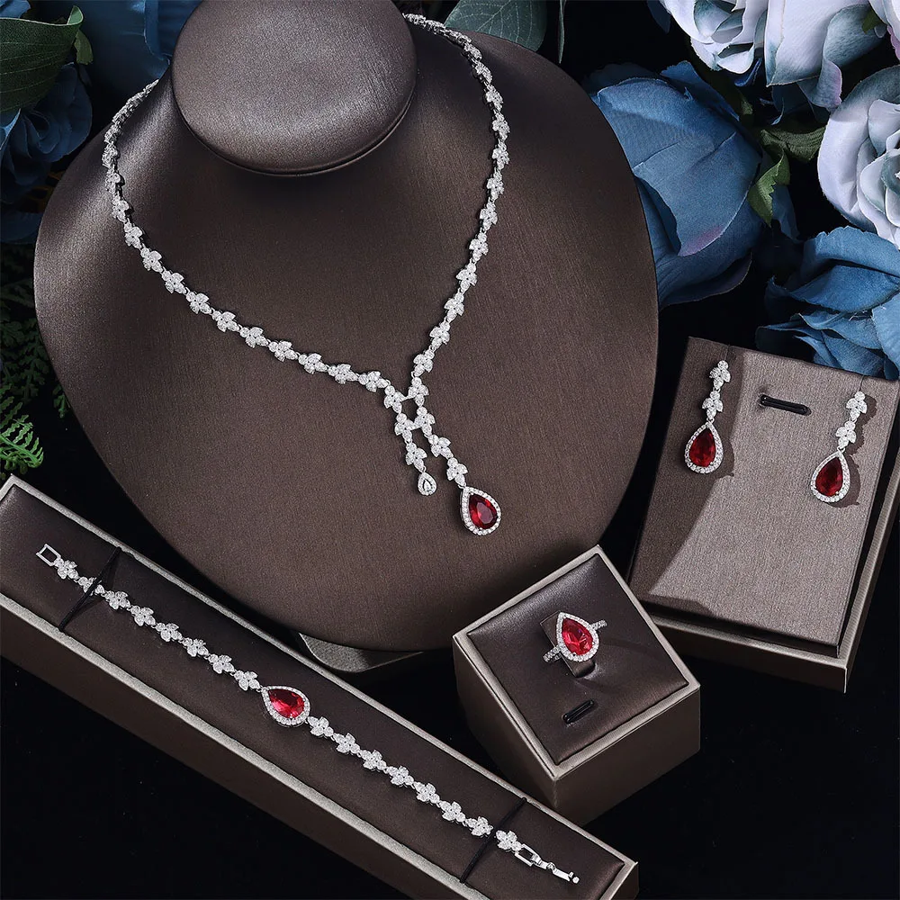 Charm Women Jewelry Set Water Drop Clavicle Necklace Earrings Ring Bracelet Inlaid Zircon Wedding Evening Party Christmas Gift