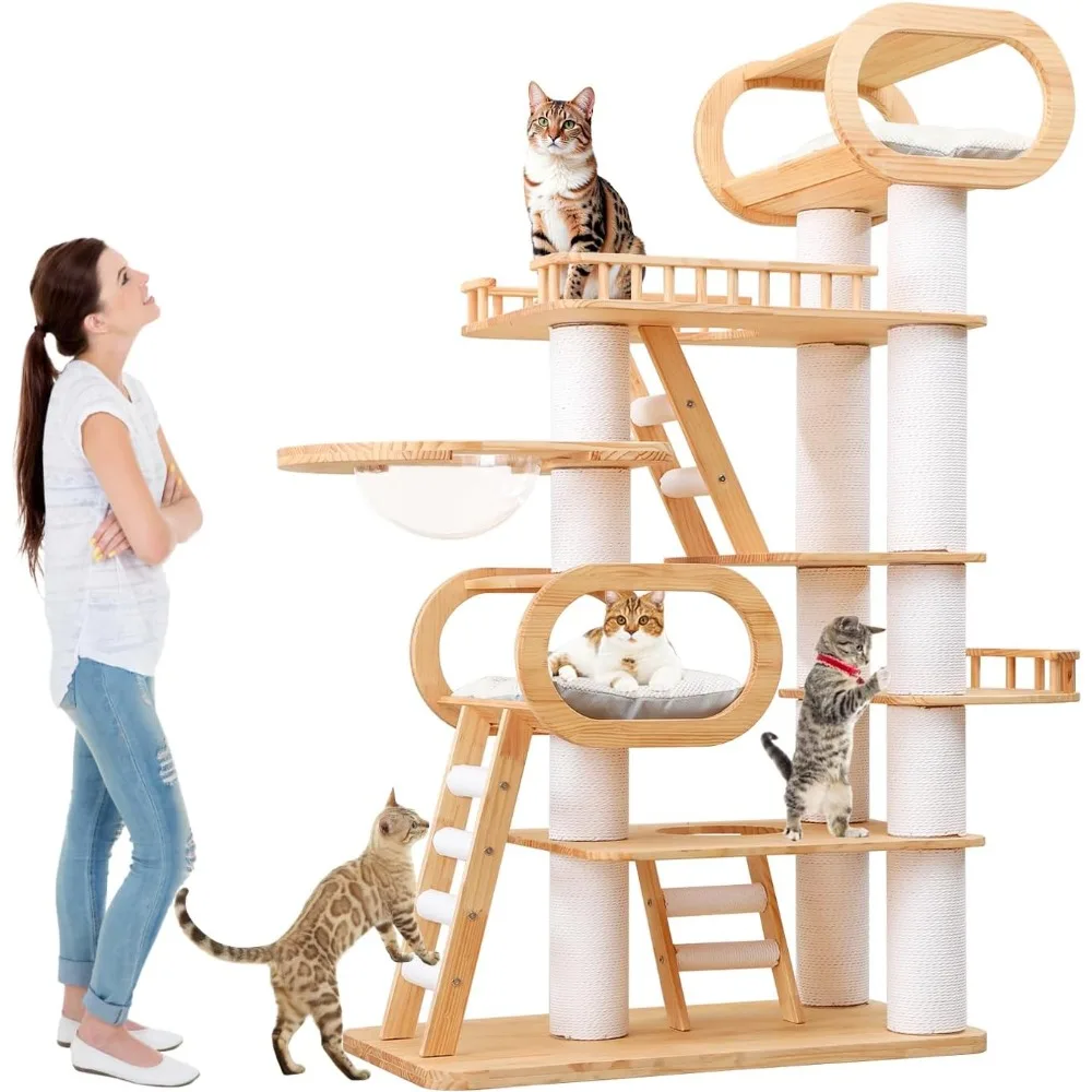 

77 inch indoor large wooden cat tree, cat tower with scratch post, luxurious cat furniture with hammock and 3 climbing poles