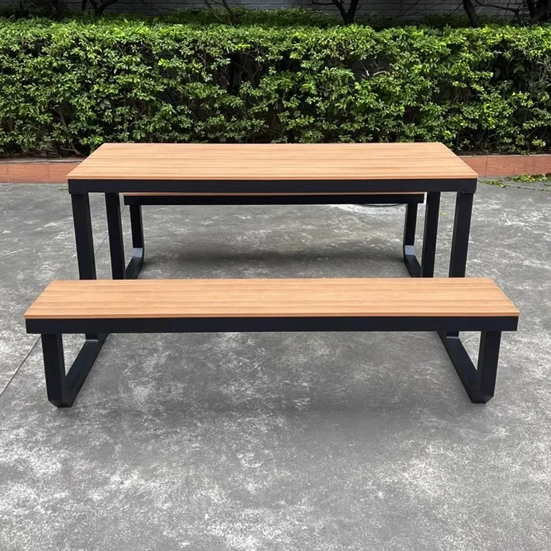 for Outdoor Plastic Wood Table and Chair Set Commercial Courtyard BBQ Park Simple Preservative Wood Food Street One-piece