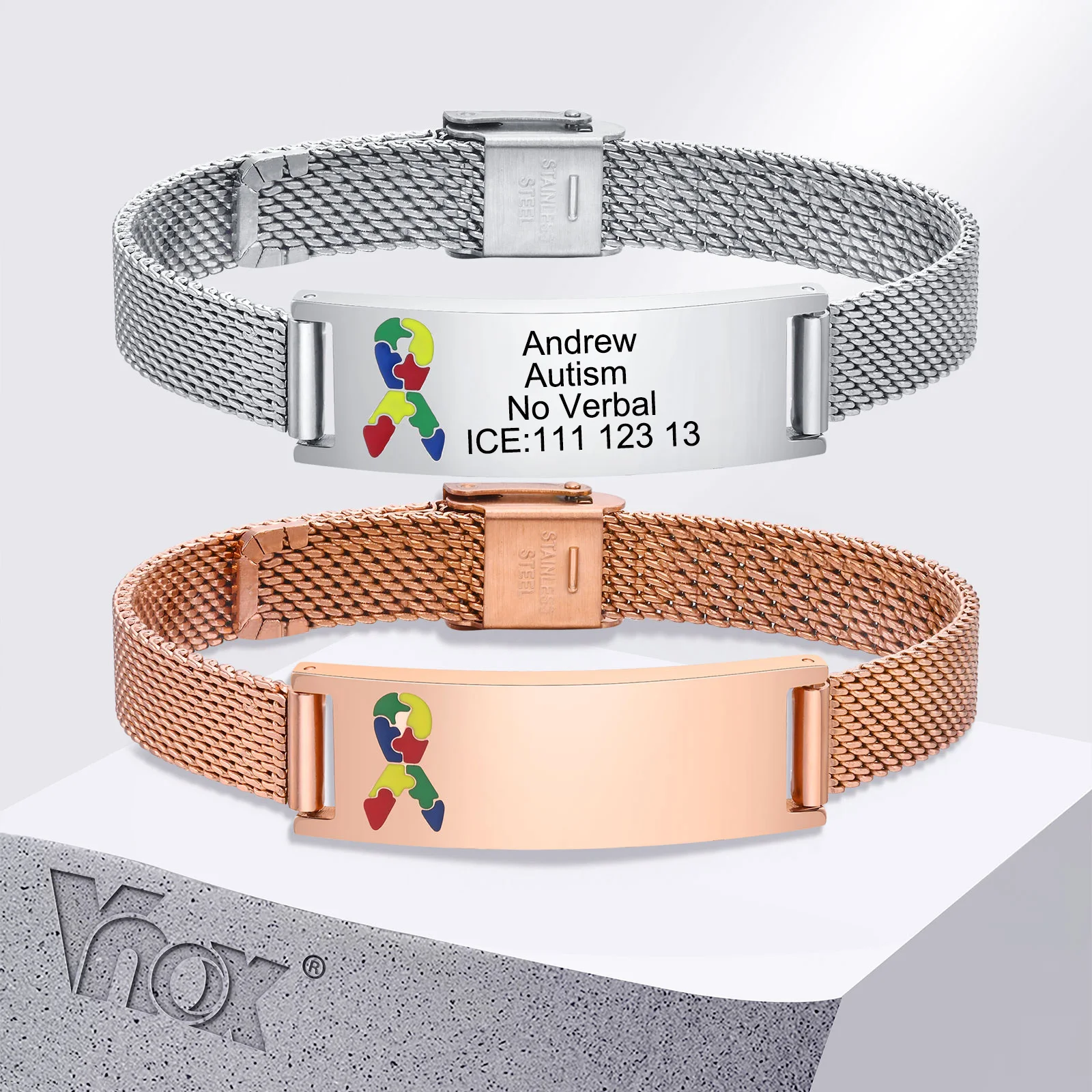 Vnox Free Personalized 14mm Autism Bracelets for Men Women, Unisex Custom Name Medical Reminder Bracelets, Mesh Band Bracelets