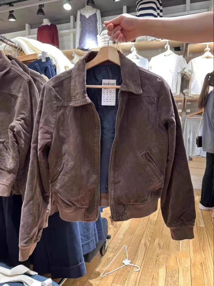 

Американская ретро-куртка из вельвета BM, весенне-осенняя, из смесового хлопка, коричневая, с воротником, на молнии, приталенного кроя