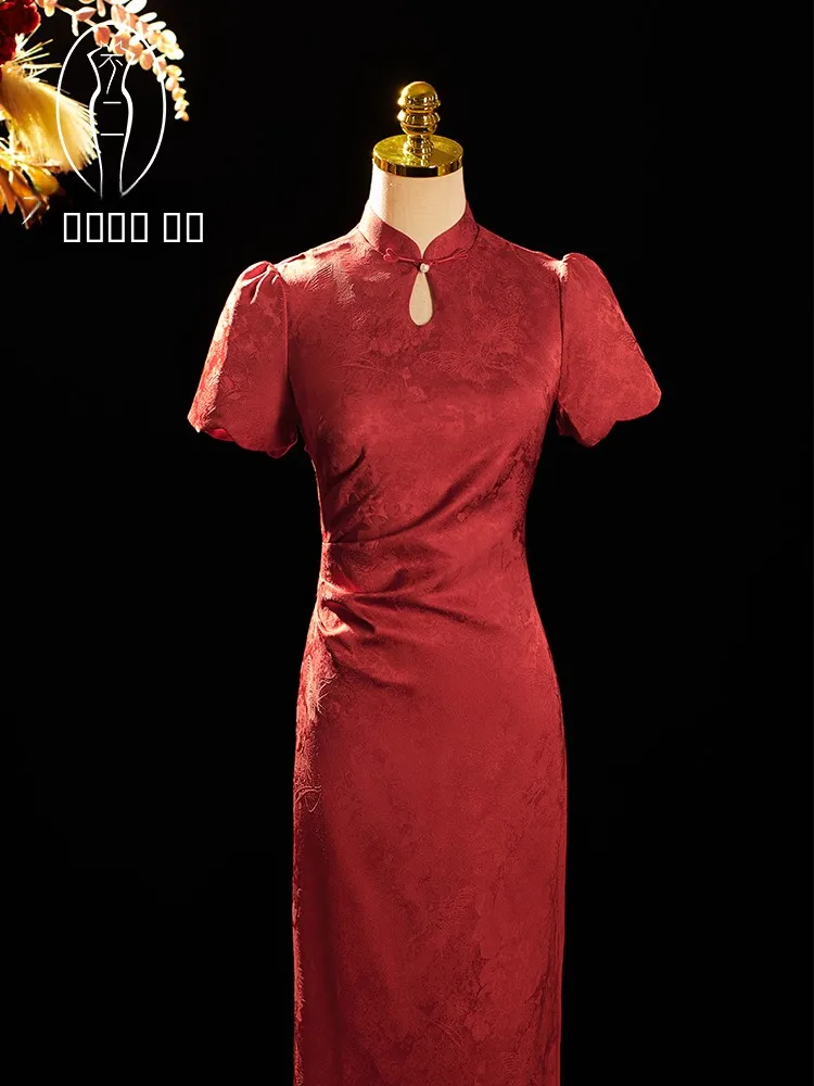 

Красное китайское свадебное платье средней длины из дышащего полиэфирного волокна в винтажном стиле