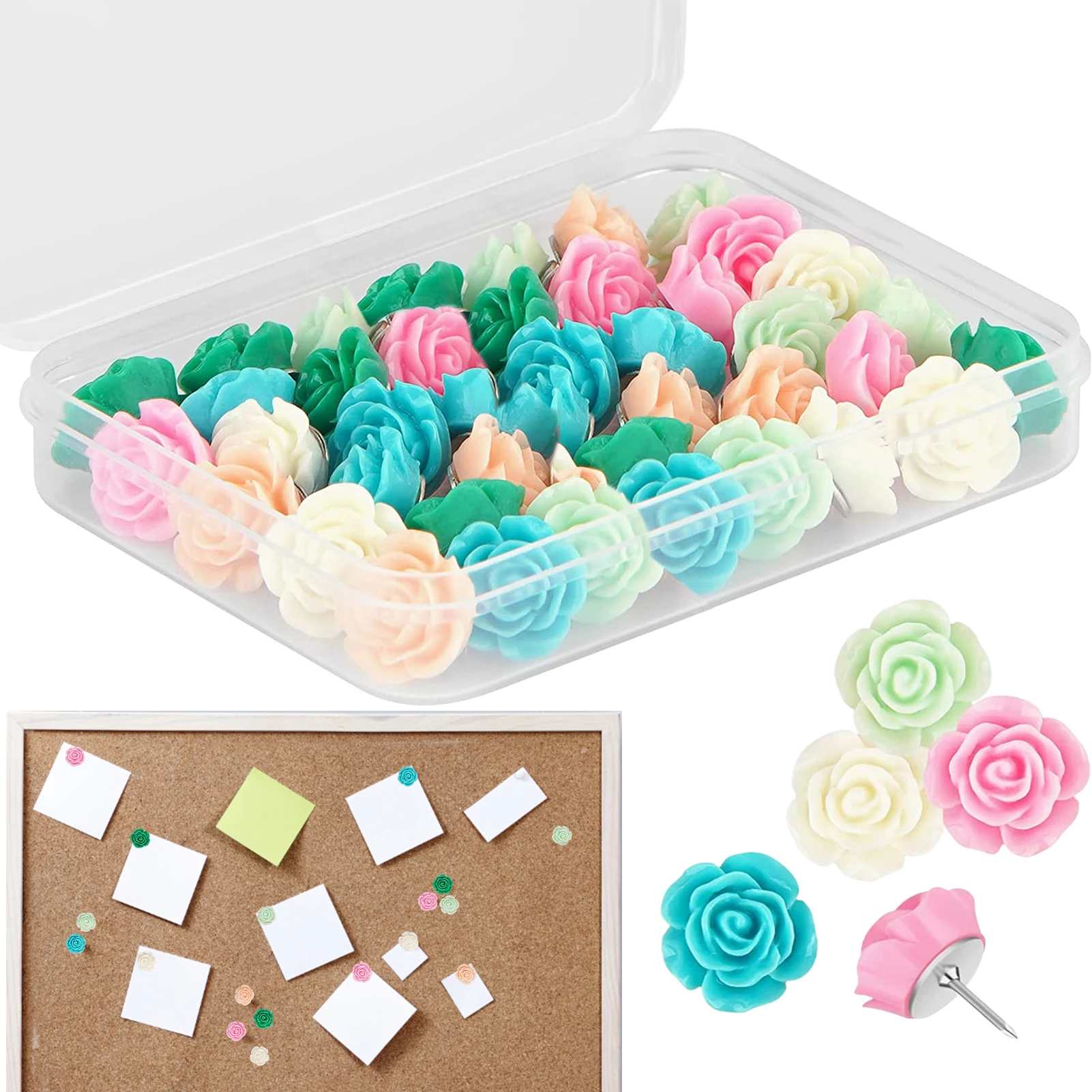 Flower Push Pins 30pcs Cork Board Tacks Bulletin Board Pins 6 Color Thumb Tacks Decorative Flower Pushpins For Wall Hangings Map