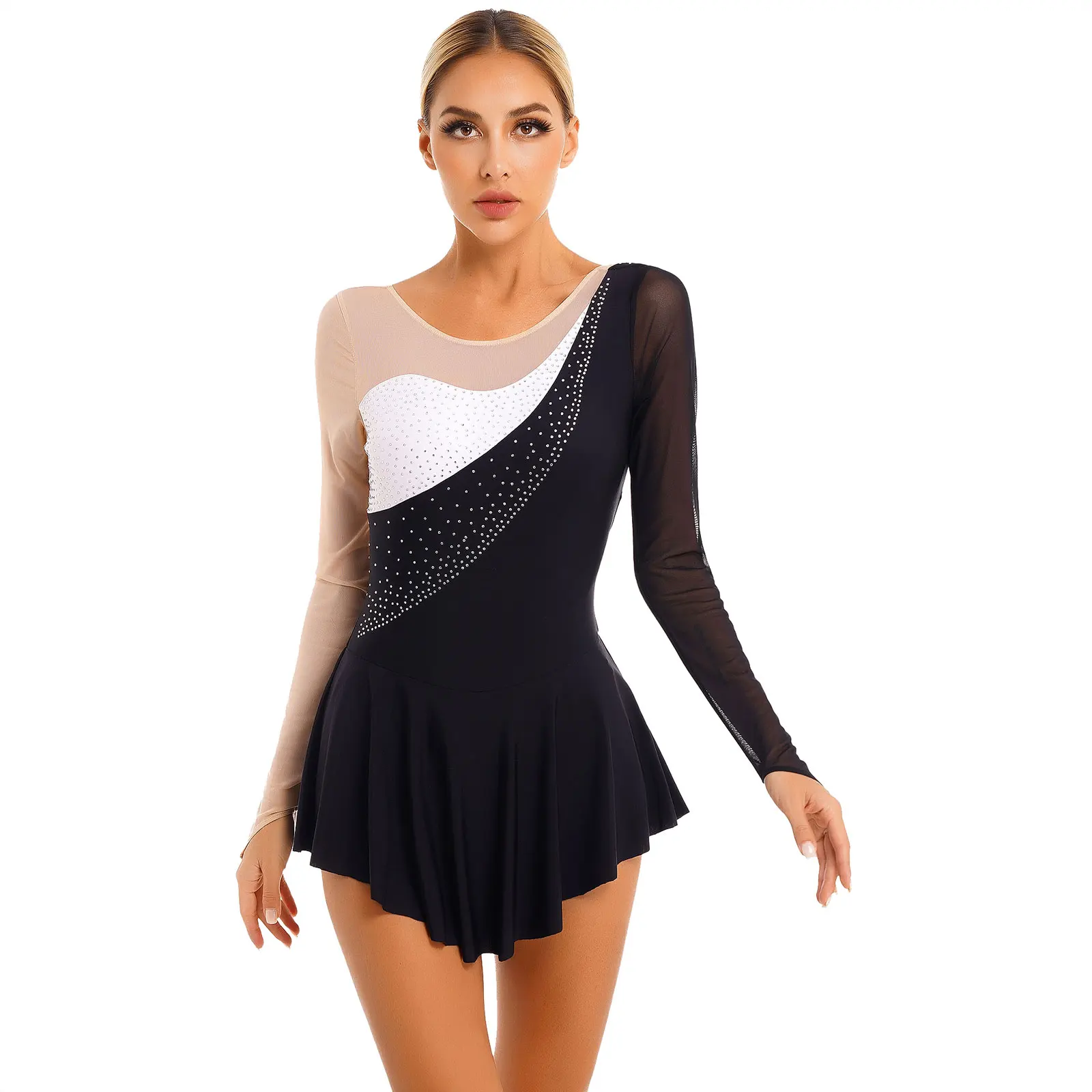 Women Figure Ice Skating Dress Shiny Rhinestones Mesh Long Sleeves Ballet Lyrical Dance Gymnastic Leotard Ballroom Dancewear