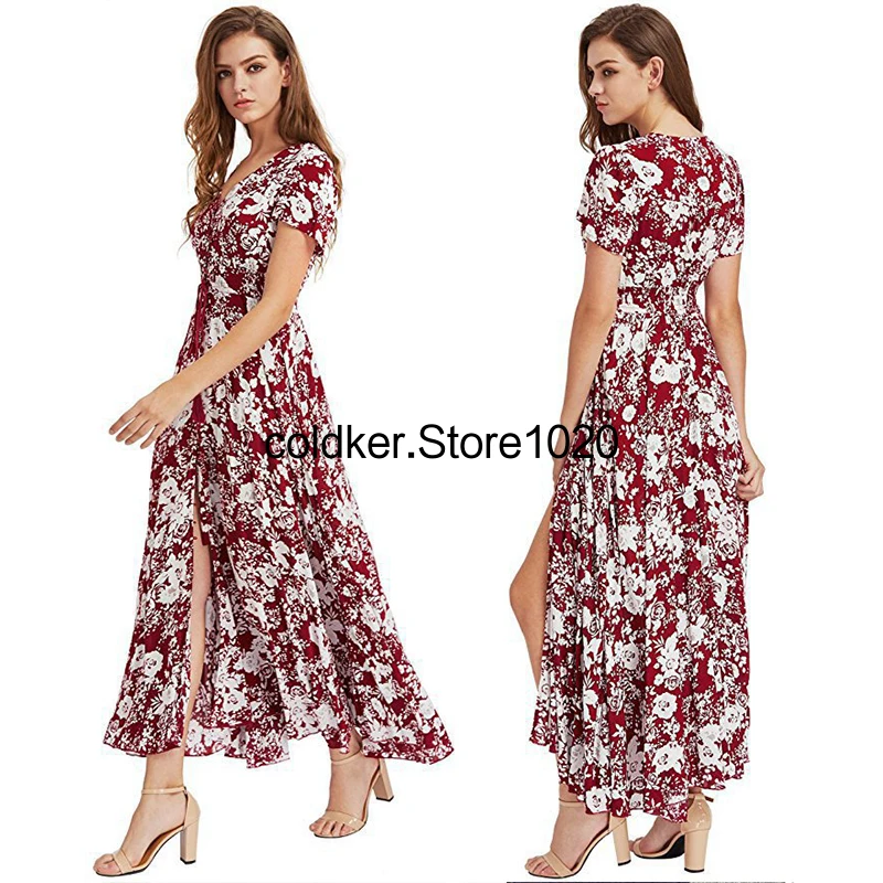 Women Bohemian Vintage Ethnic Floral Print Dress Holiday Style V Neck Short Sleeve Loose Split Long Holiday Beach Dress.