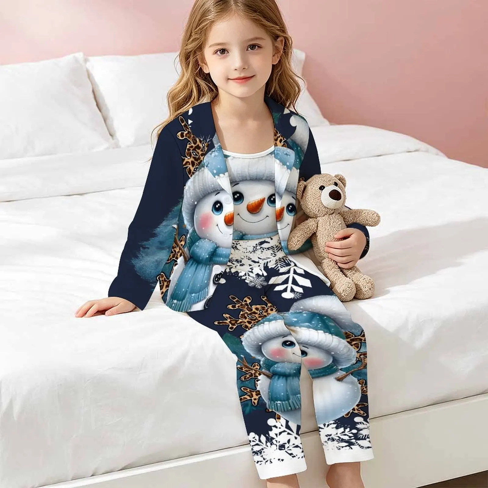Autumn Winter Three-Piece Set Girls Print Sleeveless Vest Button Long Sleeve Coat Fashion Trousers Child Christmas Jogging Pants
