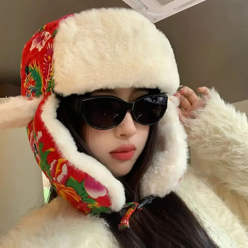 Winter Retro Lei Feng Hat with Northeast Floral Fabric, Thickened Ear Protection, Warm Cotton Hat for Men and Women