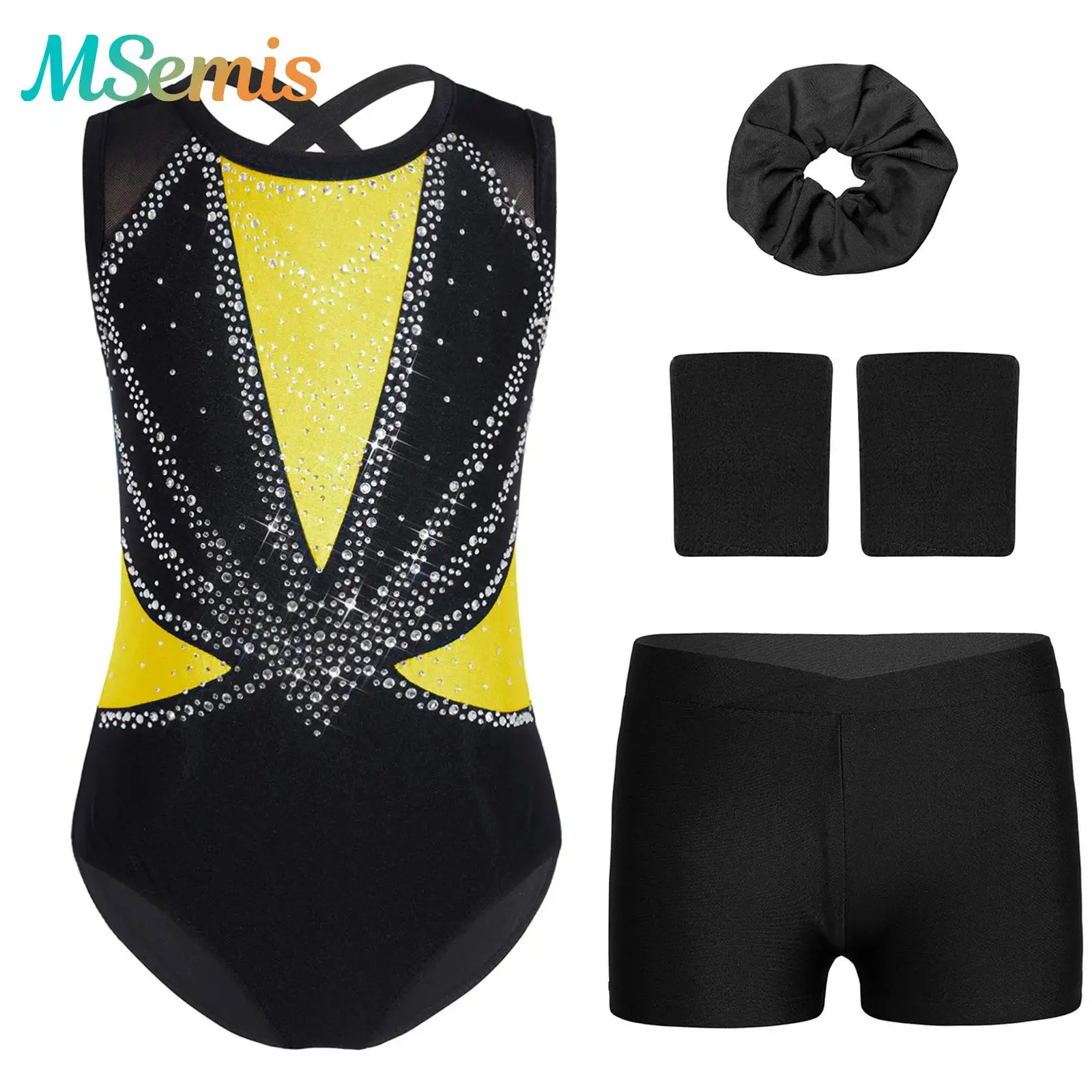 

Kids Girls Gymnastics Ballet Dance Outfit Shiny Rhinestones Metallic Gymnastics Leotard with Shorts Hairband And Wristbands