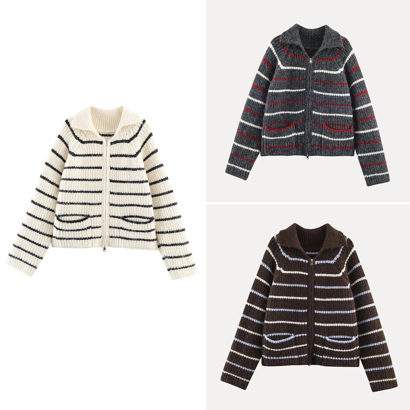 

2025 Winter New Women's Knitted Zipper Collar Striped Color Blo Open Cardigan Sweater Regular Fit Long Sve Daily Wear