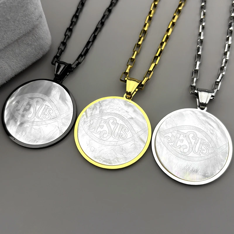 

Fish Jesus Stainless Steel Pendant Necklace for Women Men Gold Color Natural Shell Christian Ichthys Necklaces Jewelry Gift