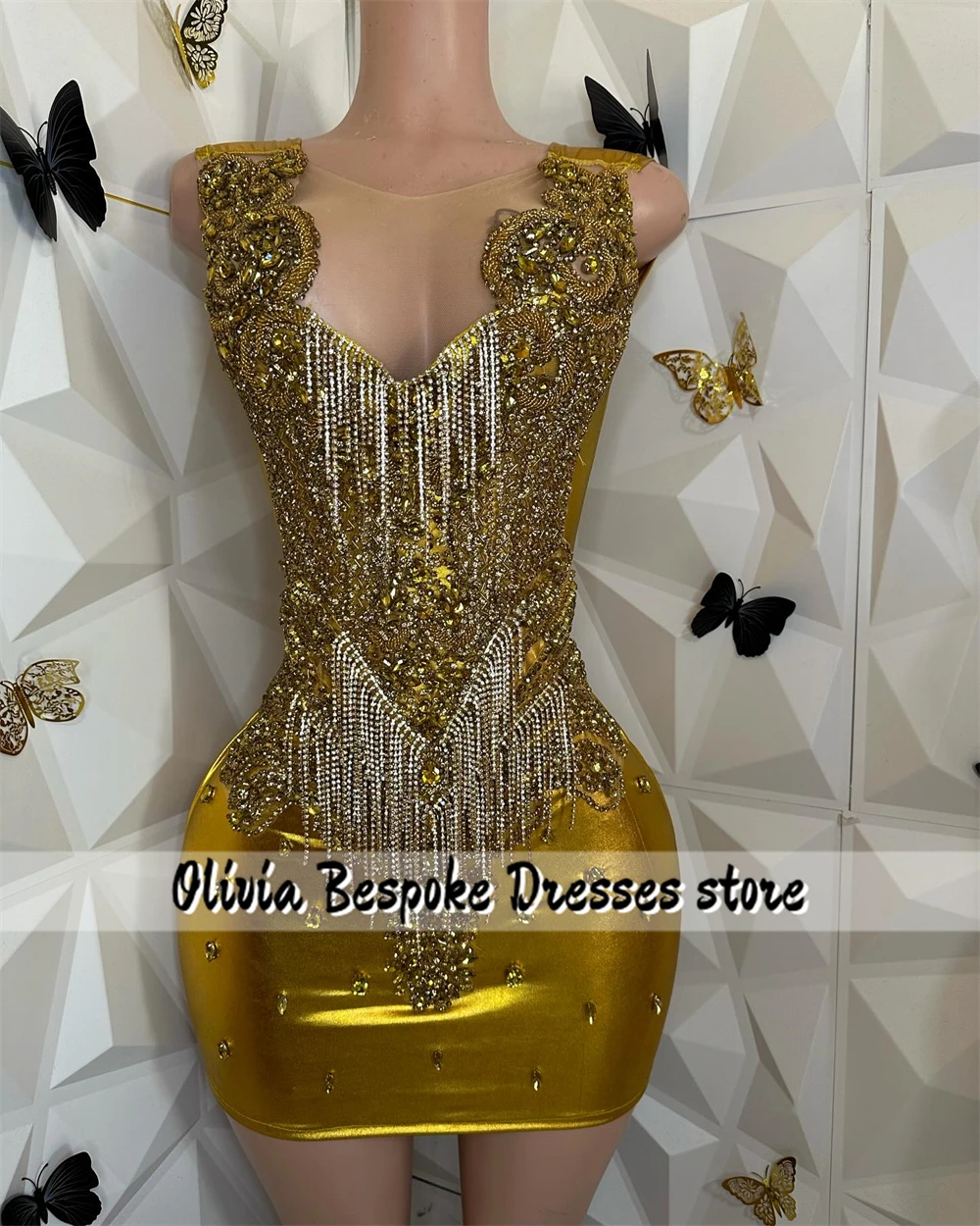 Fancy Gold Luxury Prom Dresses 2024 Beaded Rhinestones Tassels Homecoming Dress Black Girls Mini Cocktail Birthday Customized