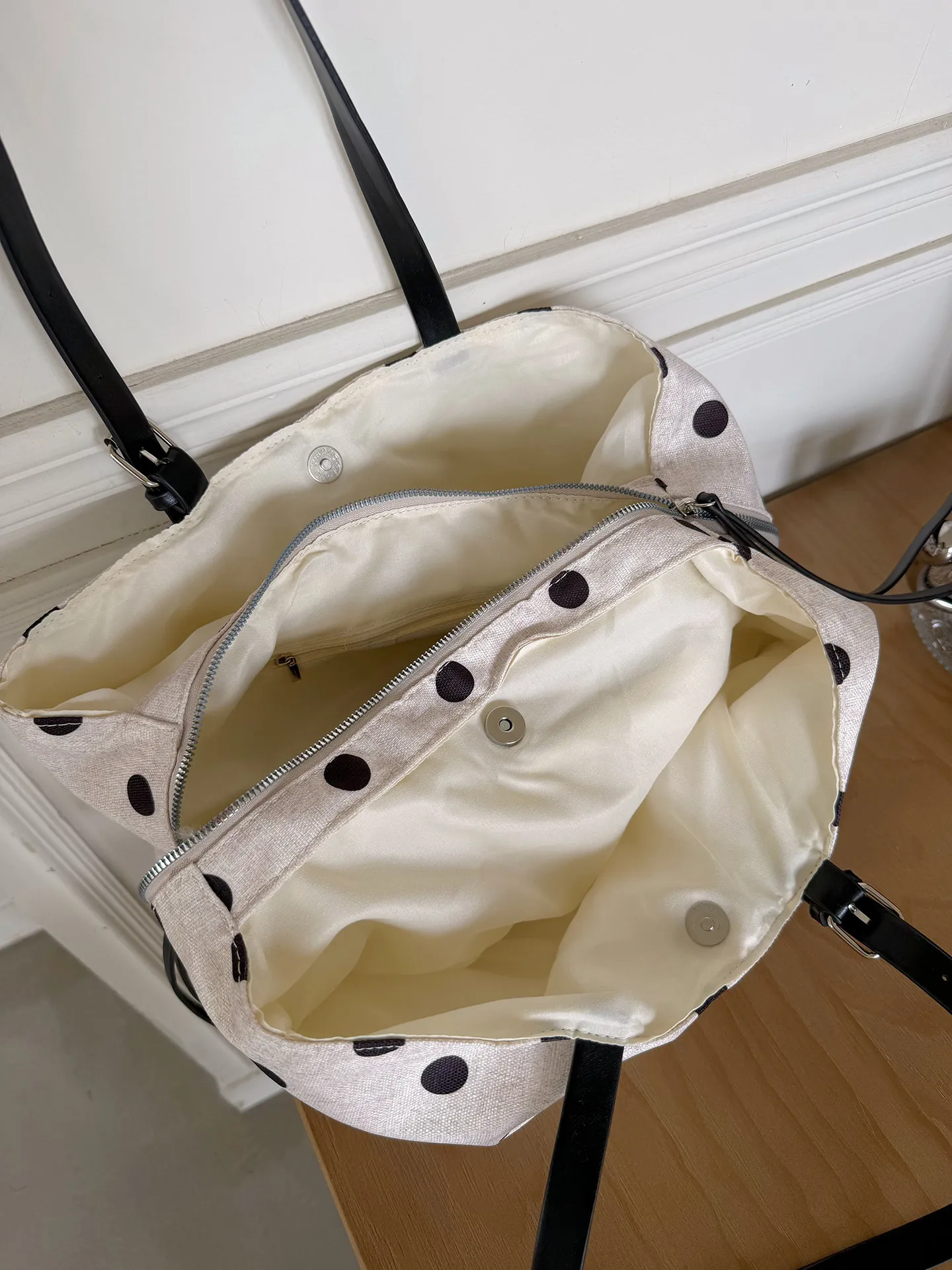 Fashion Polka Dot Canvas Bag Women's Tote Bags Multi Layer Large Capacity Commuter Versatile Single Shoulder Handbags