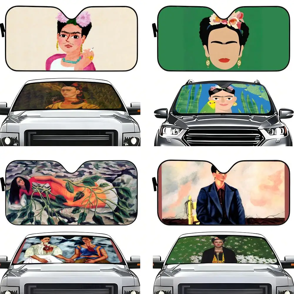F-Frida Kahlo-S Protetor Solar para Carro, Protetor de Para-brisa Dobrável, Cobertura de Proteção Solar Automotiva