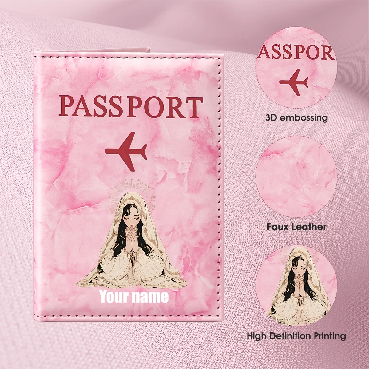 Custom Name Virgin Mary Prayer Religious Art Passport, Image of the Virgin Mary Wearing a Halo and Clasping Her Hands in Prayer