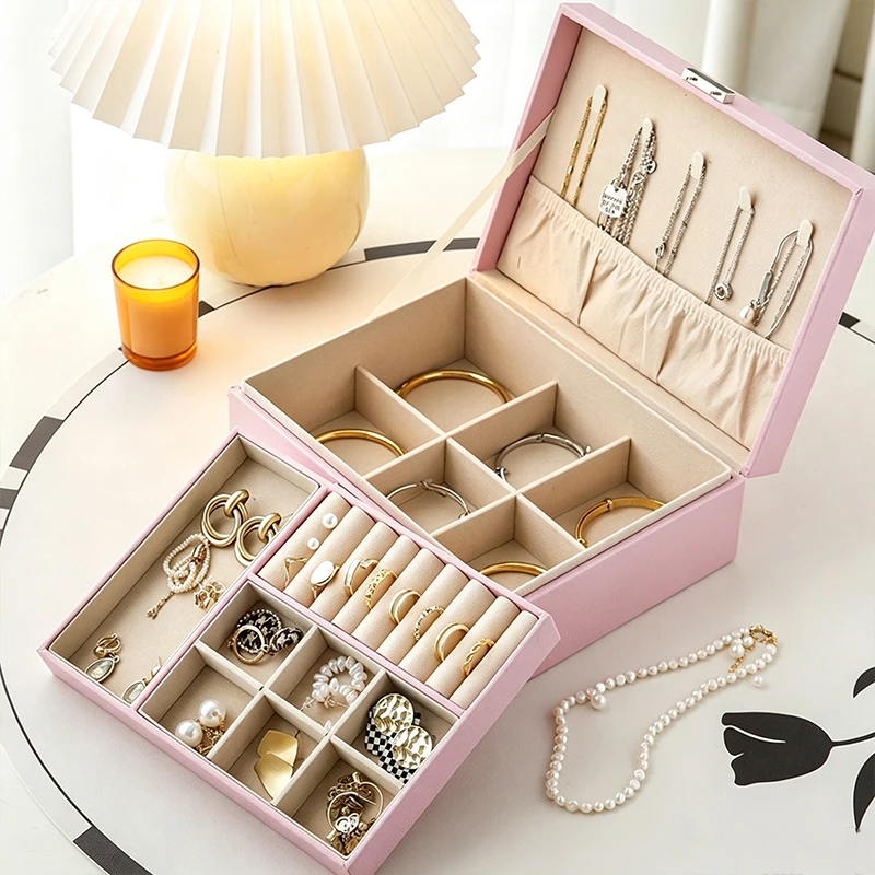 Double-Layer Jewelry Storage Box Large-Capacity Leather Jewelry Storage Box with Different Storage Areas High-End Multi-Layer Jewelry Storage Box for Earrings, Necklaces, and Bracelets