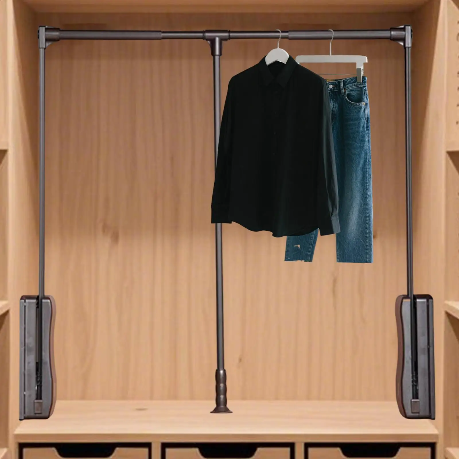 

Aluminum Alloy Pull Down Closet Rod Adjustable Ergonomic Wardrobe Hanger for Shelf Organizer and Tall Cabinets