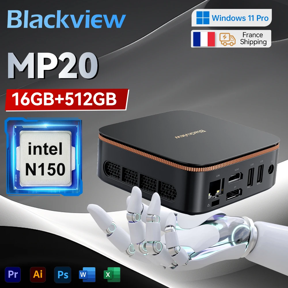 Blackview Mini PC MP20 Intel Twin Lake N150 jusqu'à 3,6 GHz 16 Go DDR4 512 Go SSD Wifi6 4 cœurs 4 threads Windows 11 Pro