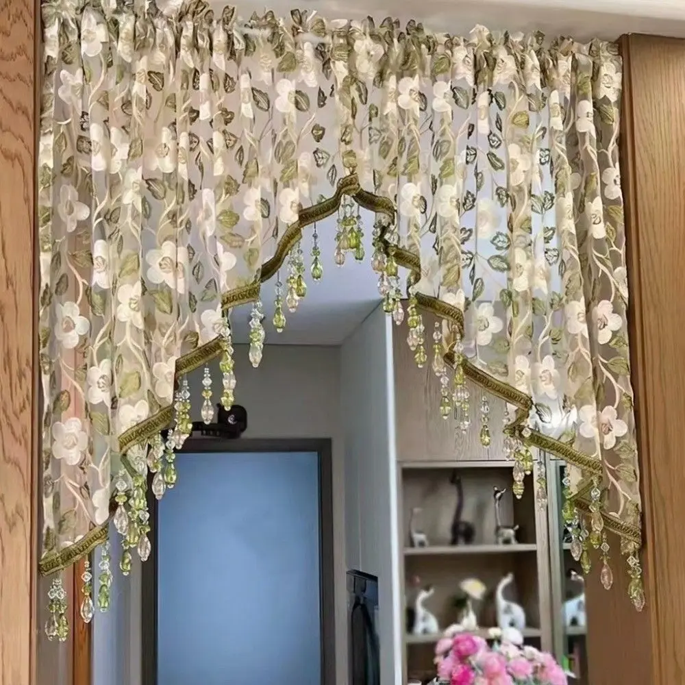 French Style Vintage Half Curtain Embroidery Romantic Flower Tulle Kitchen Curtain Elegant With Beaded Kitchen Partition Tulle