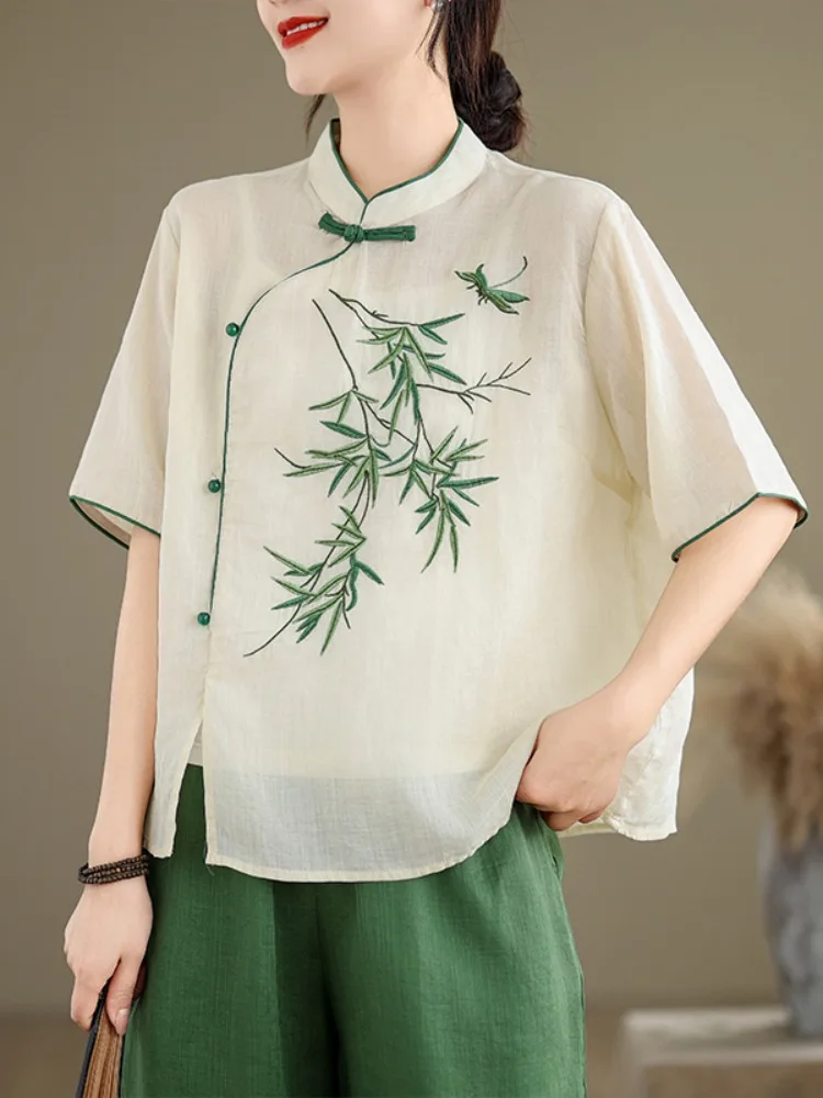 Neue Chinesische Sle Gestickte Button up Baumwolle Leinen irt Frauen Sommer Abnehmen Tussah Seide Bluse Vintage Lose Fit irt