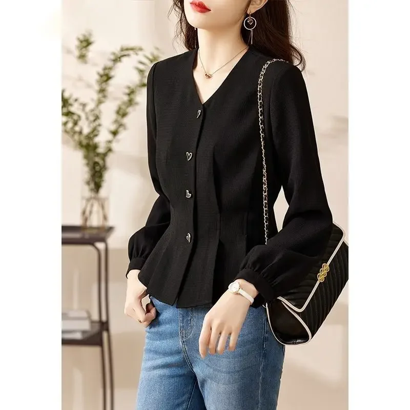 2023 New Women's Clothing Solid Color V-Neck Long Sleeve Office Lady Commuter Spring Autumn Casual Elegant Button Shirt