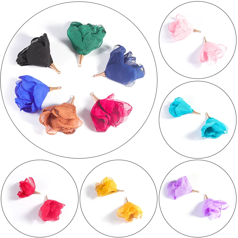 10 sztuk siatkowy kształt kwiatu kolczyki Charms tkanina jedwabna satyna frędzle wisiorek akcesoria Handmade DIY dziewczyna komponenty do wyrobu biżuterii